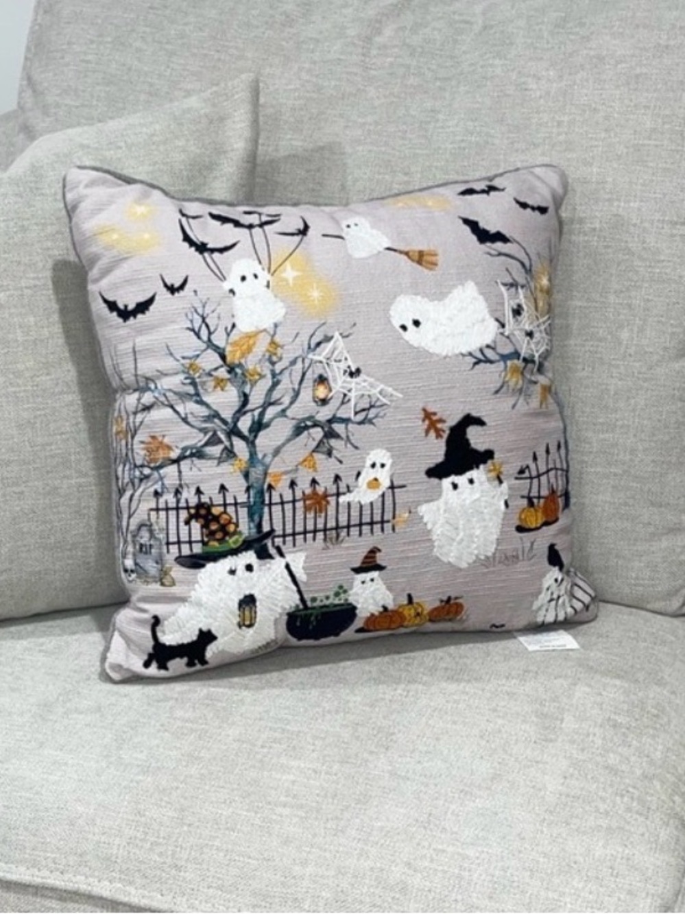Envogue Beige Halloween Ghost Embroidered Accent Pillow